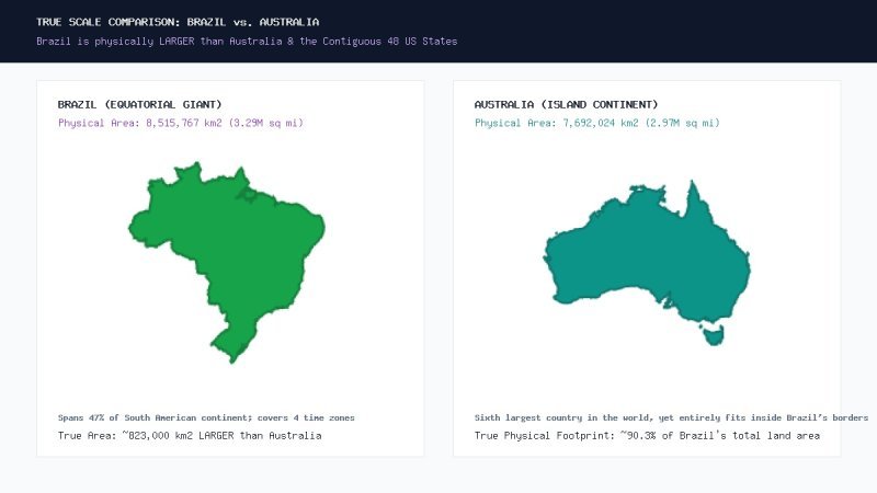 Real Size Of Countries - Brazil vs Australia physical scale revealing the real size of countries and the real sizes of countries on our real size of countries map to map real size of countries