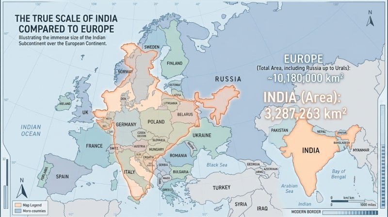 Real Size Of Countries - India overlaid over Europe illustrating the real sizes of countries and the real size of countries on an educational real size of countries map to map real size of countries